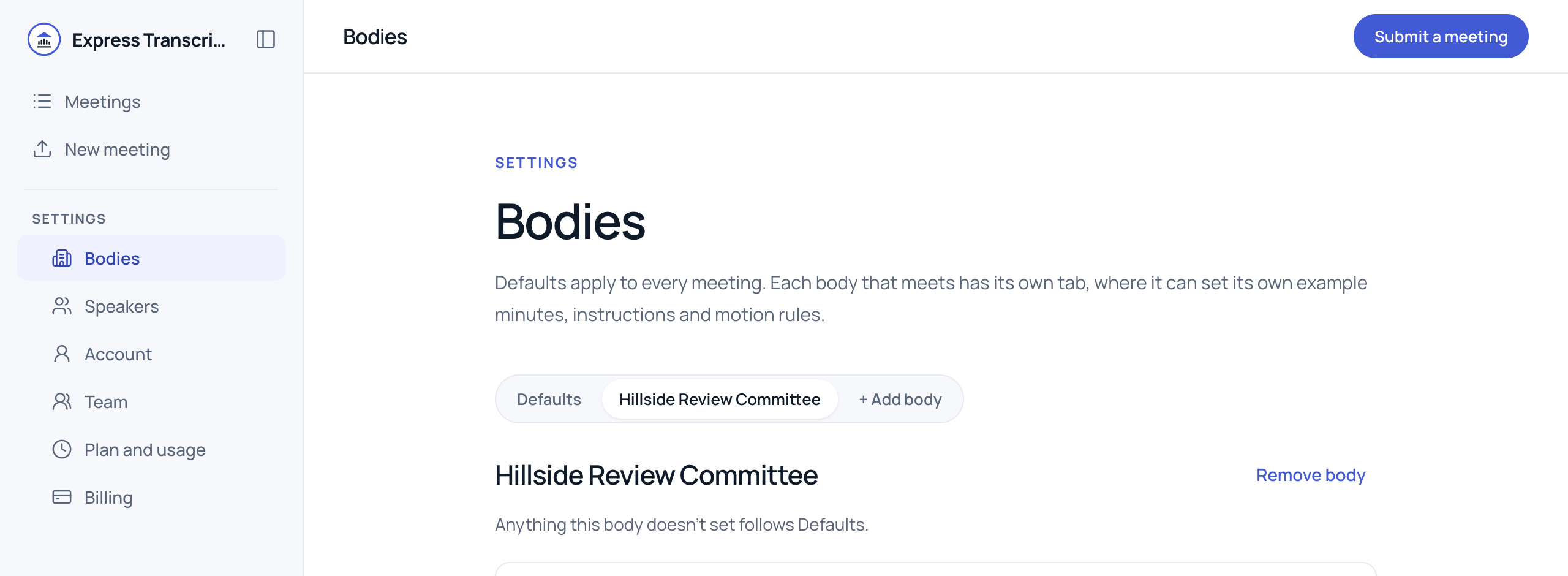 Settings, Bodies, with the Defaults tab and a tab for each body