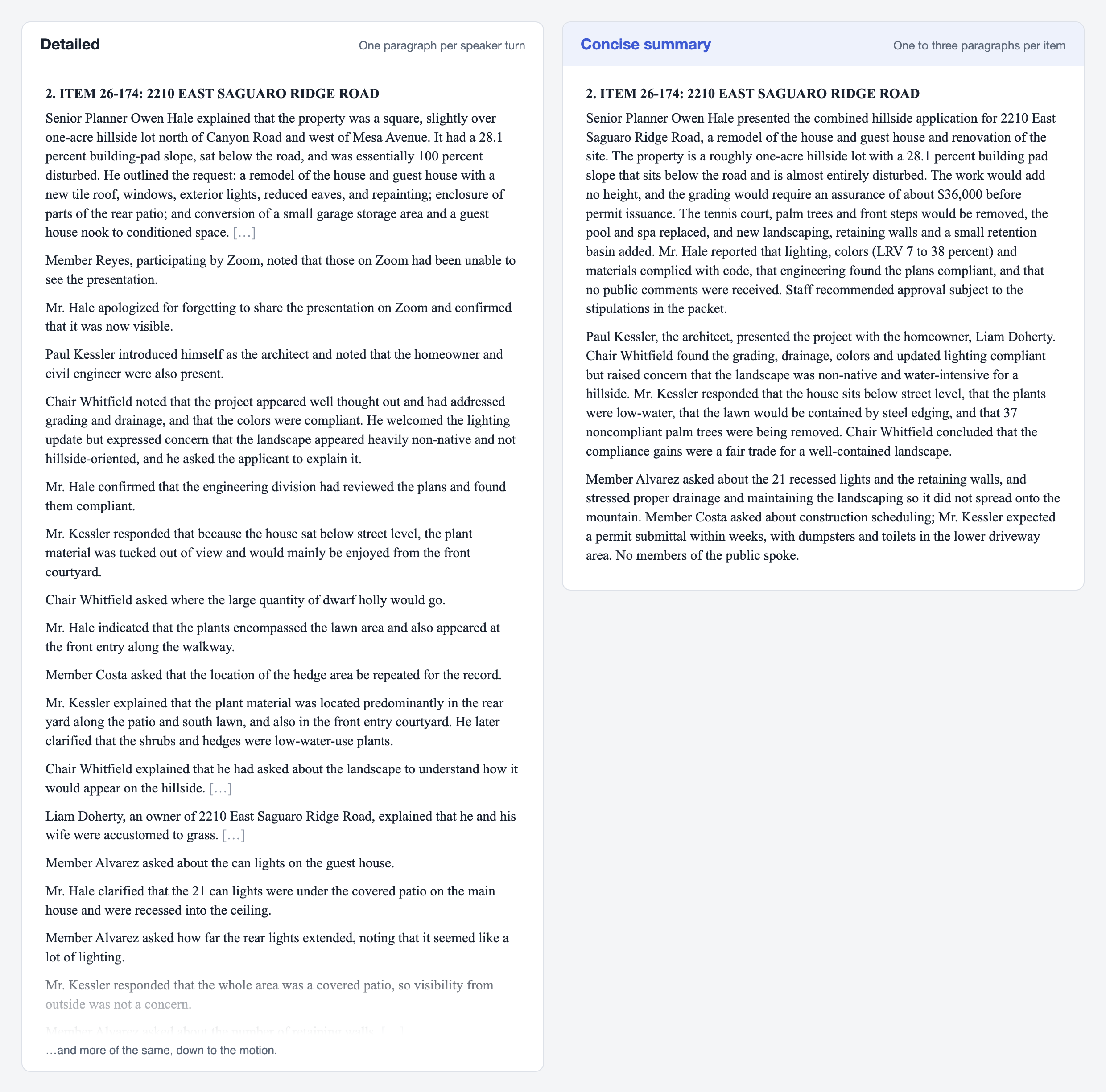 The same agenda item drafted as Detailed, with a paragraph for each speaker turn, and as Concise summary, in three paragraphs