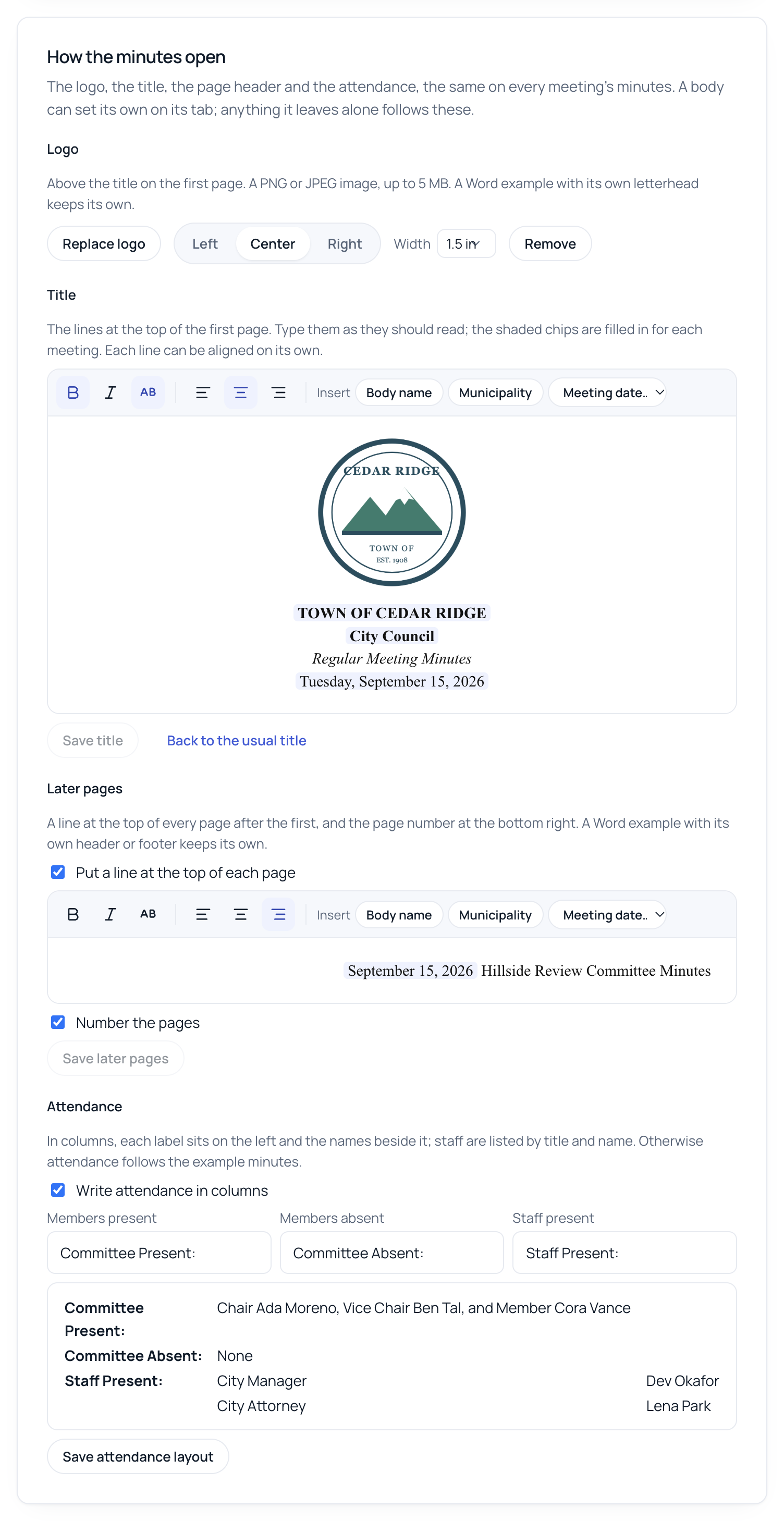 How the minutes open on the Defaults tab: a logo, four title lines, a page header line for later pages, page numbers and attendance in columns