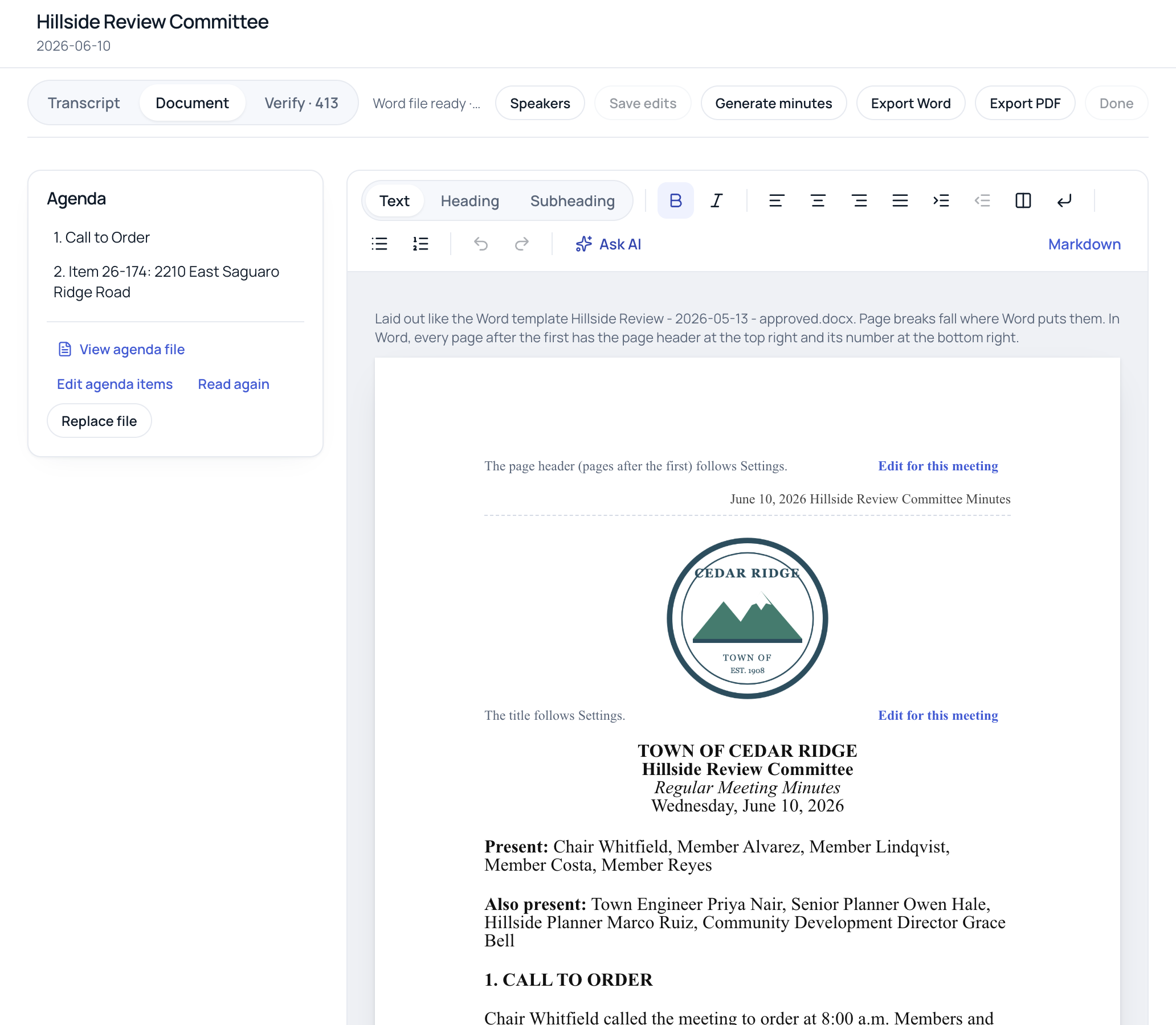 A meeting's Document tab with the logo, the title from Settings and the page header for later pages