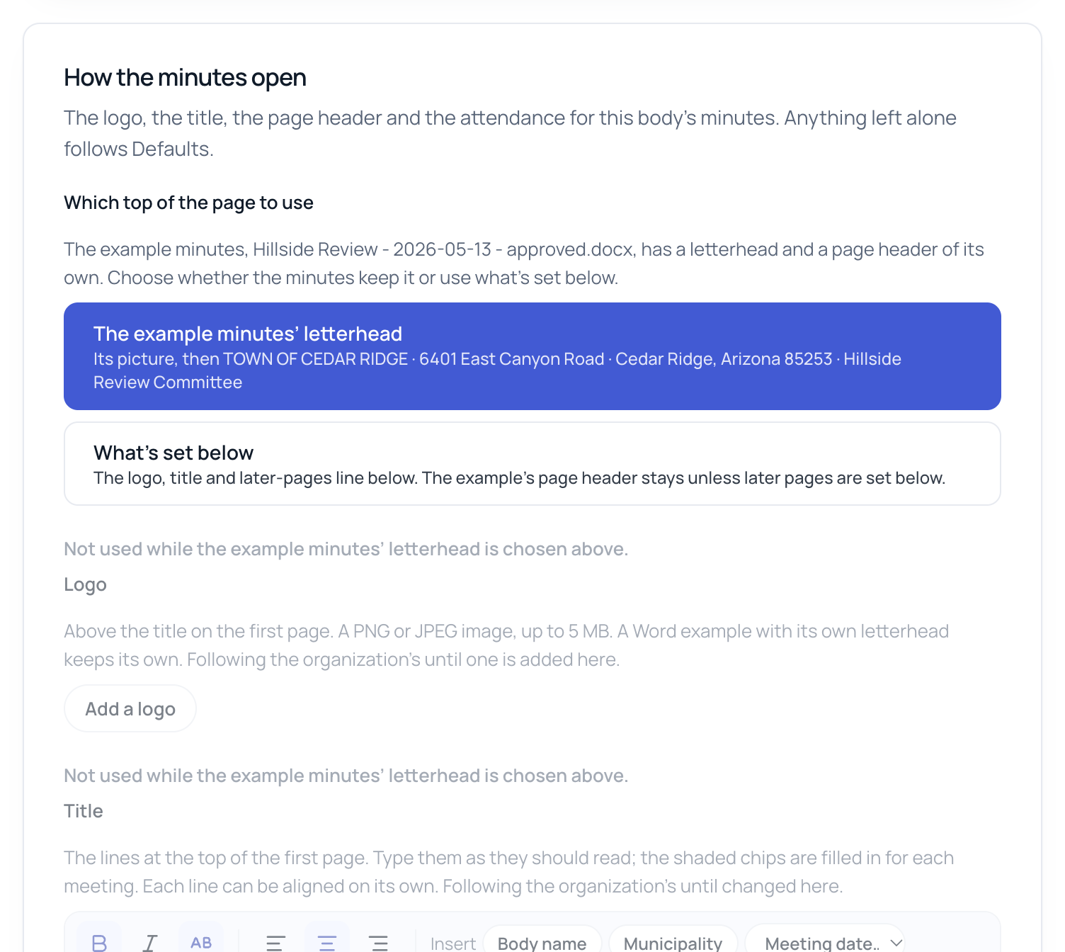 Which top of the page to use: the example minutes' letterhead, or what's set below